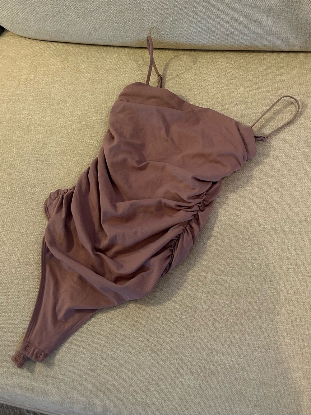 Aritzia Mauve Ruched Spaghetti-Strap Bodysuit